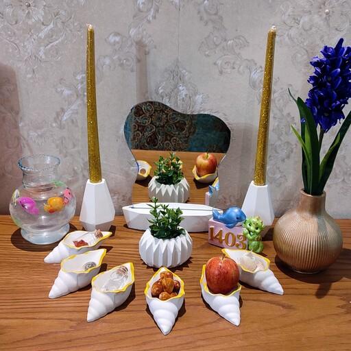 ست کامل هفت سین مدل حلزون به همراه گلدان و گل سنبل