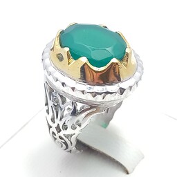 انگشتر نقره مردانه با روکش رادیوم همراه عقیق سبز الماس تراش