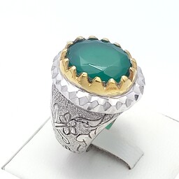 انگشتر نقره مردانه با روکش رادیوم همراه عقیق سبز الماس تراش 1