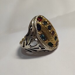 انگشتر نقره 925 جواهری مدل 12 جواهر  درنجف یاقوت سرخ و کبود زمرد زبرجد  عقیق آکوامارین توپاز