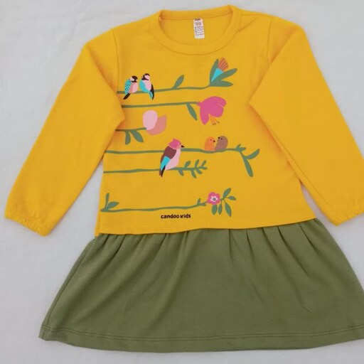 پیراهن دخترانه طرح گنجشک ها (رنگ زرد)