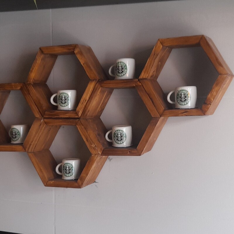 شلف دیواری شش ضلعی چوبی 5 عددی