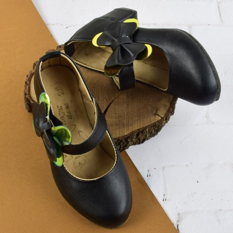 کفش مجلسی دخترانه رنگ مشکی مدل بغل پاپیون پاشنه 3.5 سانتی کد 355111 سایز 26 تا 36