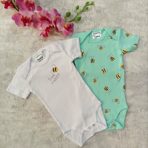 بادی آستین کوتاه نوزادی پسرانه ایمپی دیمپی،2تا 6 ماه ، پک 2 عددی، نخ پنبه،طرح زنبور،  کد 473