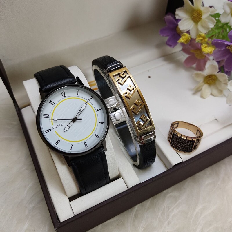 ساعت مچی مردانه بهمراه دستبند و انگشتر رنگ ثابت مناسب هدیه با ارسال فوری و رایگان 