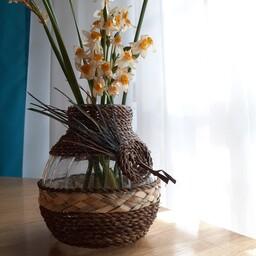 گلدان حصیری شیشه ای عیدی(ارسال رایگان) دستساز (16 سنتیمتر) کادویی مناسب هفت سین