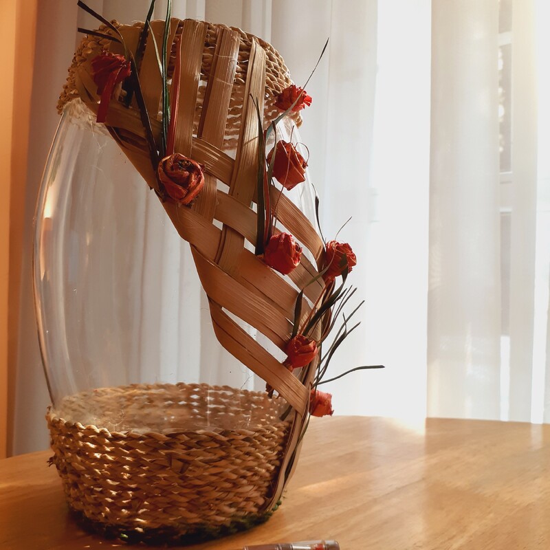گلدان بزرگ شیشه ای حصیری تنگ ماهی بزرگ (28 سانتیمتر) مناسب  عیدی هدیه کادو دکوری
