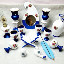 ست هفت سین سنتی مجلل سفالی  آبی رنگ با فانوس سفالی با آینه ترمه و رحل قرآن