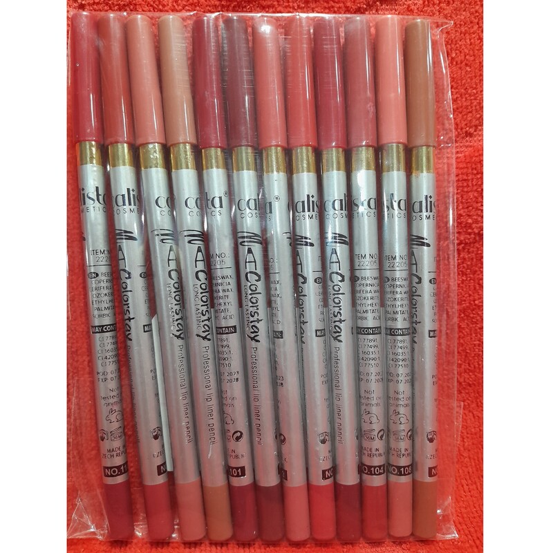 پک 12 عددی مداد لب کالیستا  دارای 12 رنگ جذاب و ماندگاری بالا کیفیت عالی ضد آب پوششدهی یکنواخت 