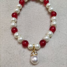 دستبند سنگ جدید و سنگ طرح مروارید ، فری سایز ، مناسب برای خانم ها و دختران عزیز با آویز سنگ طرح رنگ قرمز سفیدمروارید