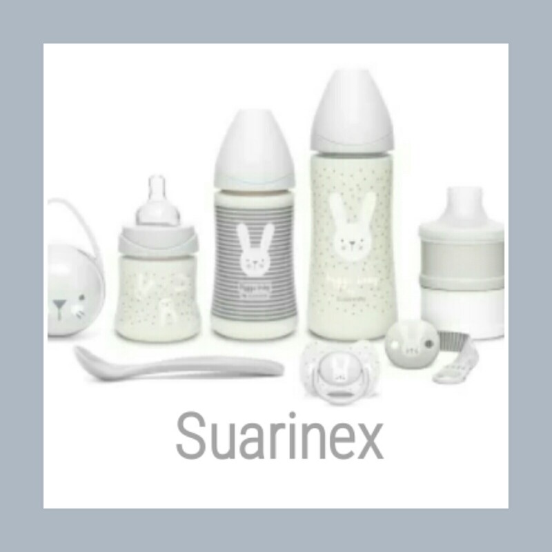 ست کامل شیشه شیر. پستانک. ظرف نگهداری شیر خشک. قاشق. لیوان آموزشی. بند پستانک برند SUARINEX  ساخت کشور SPANIYA. 
