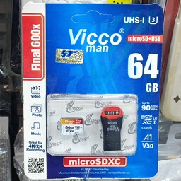 کارت حافظه - مموری - رم micro sd حافظه 64G برند ویکومن Vicco man سرعت 90mb U3 به همراه رم ریدر و گارانتی مادام العمر