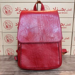 کیف کوله پُشتی تمام چرم طبیعی گاوی درجه یک زنانه دخترانه رنگ قرمز دوخت ماشینی بند قابل تنظیم کیفیت عالی ارسال رایگان