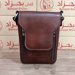 کیف دوشی یک طرفه تمام چرم طبیعی گاوی زنانه مردانه جای کارت رنگ قهوه ای دوخت ماشینی کیفیت عالی بندقابل تنظیم 