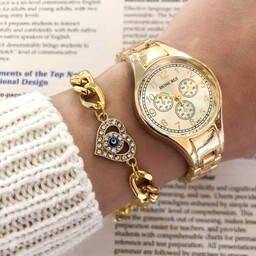 ساعت زنانه بندطلایی ظریف همراه حلقه ساده طلایی و دستبند 