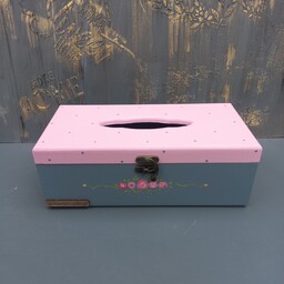 جعبه دستمال کاغذی چوبی  طوسی صورتی با نقاشی گل (کار دست)