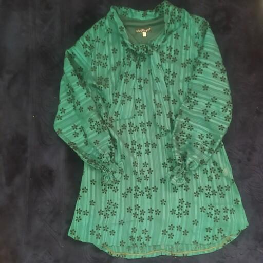 ارسال رایگان شومیز زنانه و دخترانه حریر درجه یک با طرح مخمل استر دار آستین عروسکی مدل کراواتی رنگ سبز کله غازی سایز بزرگ