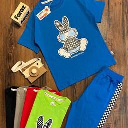 ست تیشرت و شلوار طرح خرگوش اسکی مناسب برای دختران و پسران با رنگ بندی آبی،سبز،قرمز،قهوه ای،مشکی