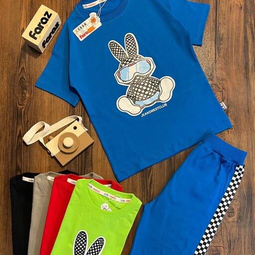 ست تیشرت و شلوار طرح خرگوش اسکی مناسب برای دختران و پسران با رنگ بندی آبی،سبز،قرمز،قهوه ای،مشکی