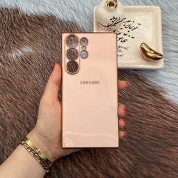 قاب گوشی Galaxy S23 Ultra سامسونگ ژله ای مای کیس طرح Gold Line دور طلایی محافظ لنز دار گلبهی کد 18764