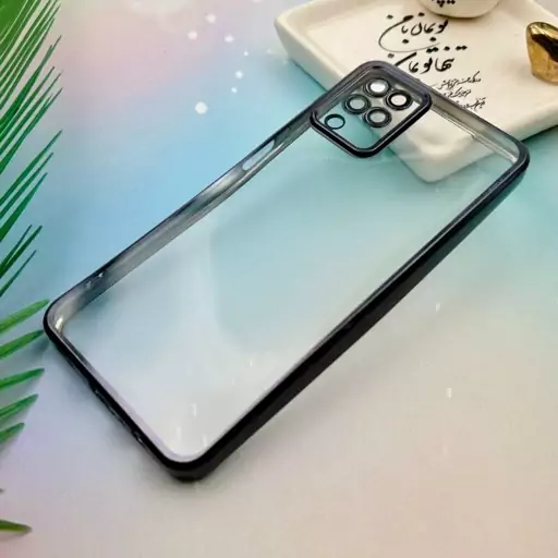 قاب گوشی Galaxy A12 - Galaxy M12 سامسونگ ژله ای الکتروپلیتینگ شفاف دور رنگی مشکی محافظ لنز دار گلسی کد 32535