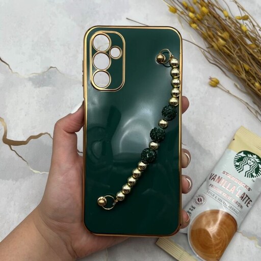 قاب گوشی Galaxy A14 سامسونگ مای کیس لاکچری My Case دستبندی نگین دار مرواریدی محافظ لنز دار سبز دور طلایی کد 83952