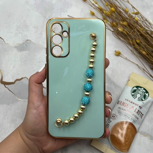 قاب گوشی Galaxy A34 5G سامسونگ مای کیس لاکچری My Case دستبندی نگین دار مرواریدی محافظ لنز دار سبزآبی دور طلایی کد 22829