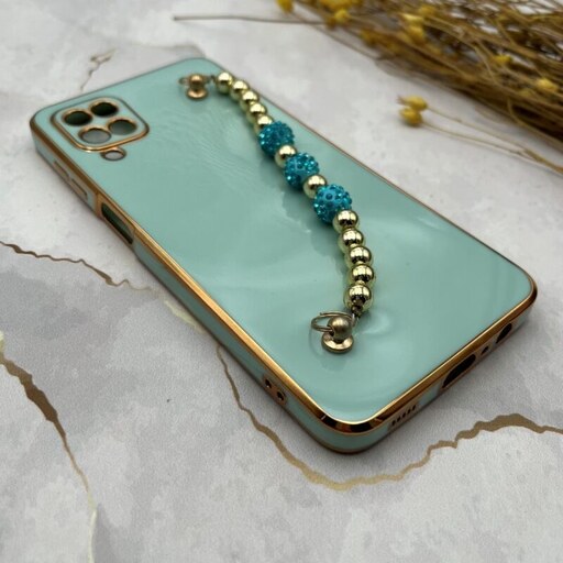 قاب گوشی Galaxy A12 - Galaxy M12 سامسونگ مای کیس لاکچری My Case دستبندی نگین دار  سبزآبی دور طلایی کد 36143