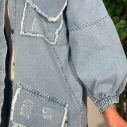 مانتو جین ریش و خفن جین اصل ضخیم شسته شده در یک رنگ اصیل فری سایز قد حدود 77 تمام جیب ها کاربردی