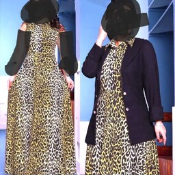 پیراهن مجلسی پلنگی زنانه ارسال رایگان  لباس دوتیکه سارافون پلنگی بهمراه کت مشکی لباس دوتیکه  