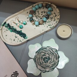 ست 3تایی سینی بیضی سنگی با جاشمعی گلبرگ و گل سنگی دکوری دستساز رنگ شیری سبز