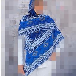 روسری نخی قواره 140 مهمانی طرح سنتی منگوله دار چهار فصل آبی رنگ