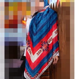 روسری نخی قواره 140 سنتی سرمه ای قرمز چهار فصل منگوله دار