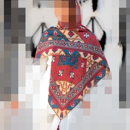 روسری نخی قواره 140 گلیمی سنتی مهمانی منگوله دار چهار فصل رنگ آبی قرمز 