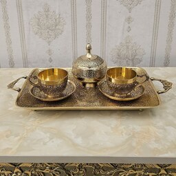سرویس پذیرایی چای خوری برنزی هندی شامل سینی و فنجان و نعلبکی و قندان برنز هندی 4 تکه کد 3961 ( ست ظروف برنجی هندی )