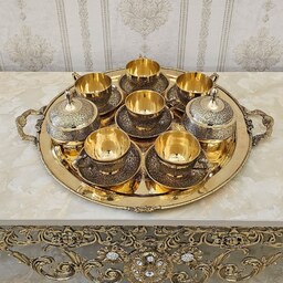 سرویس پذیرایی چای خوری برنزی هندی شامل سینی و فنجان و نعلبکی و قندان برنز هندی 9 تکه کد 3965 ( ست ظروف برنجی هندی )