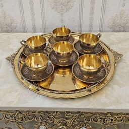 سرویس پذیرایی چای خوری برنزی هندی شامل سینی و فنجان و نعلبکی و قندان برنز هندی 7 تکه کد 3962 ( ست ظروف برنجی هندی )