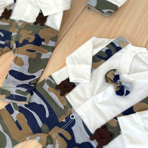 لباس نوزادی و سیسمونی بچگانه بچه گانه ی هیوا سرهمی با کلاه سایز دو و سه طرح ارتشی