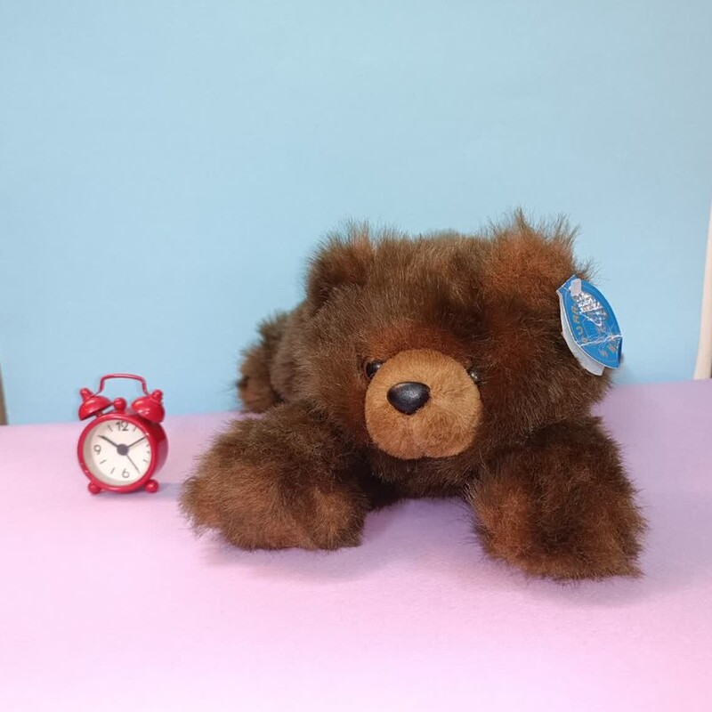 عروسک خرس قهوه  ای خوابیده (حالت لش داره) چشم تیله ای فوق العاده نرمه موهاش انگار واقعیه طول 30cm