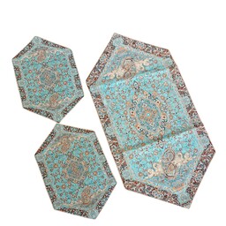 رومیزی ترمه طرح اطلس سه تیکه آبی ذوزنقه ای شکل 