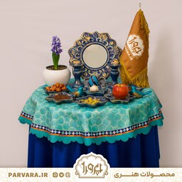 رومیزی سنتی هفت سین مخمل 90 سانتی طرح ایزد مناسب میز  مبلمان گرد و مربع و میز خاطره محصولات هنری پرورا 