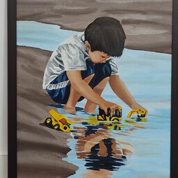 تابلو نقاشی روی پارچه طرح پسر بچه و رودخانه