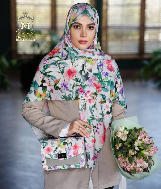 ست کیف و روسری یا شال گلدار رنگی طوسی کالکشن عیدانه