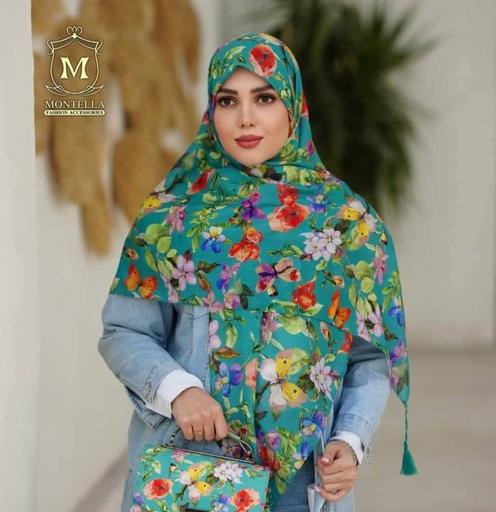 ست کیف و روسری یا شال گلدار پروانه آبی و سبزآبی در دو رنگ زیبا کالکشن عیدانه