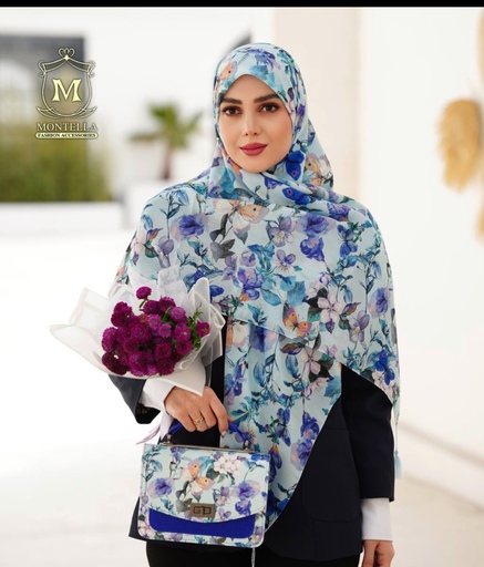 ست کیف و روسری یا شال گلدار پروانه آبی و سبزآبی در دو رنگ زیبا کالکشن عیدانه