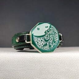 دستبند چرمی قاب نقره عقیق سبز با حکاکی یا امام حسن مجتبی (ع)
