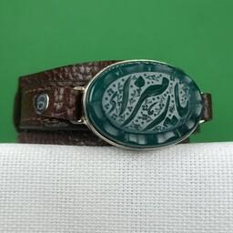 دستبند چرمی قاب نقره عقیق سبز با ذکر یا زهرا (س)