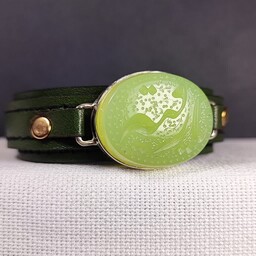 دستبند چرمی قاب نقره عقیق سبز با حکاکی یا رقیه (س)