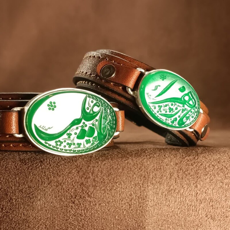 ست دستبند چرمی قاب نقره عقیق سبز با حکاکی یا زهرا (س) و یا علی (ع)