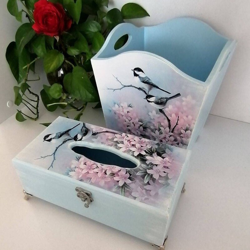 سطل و جعبه دستمال کاغذی  چوبی رنگ آبی آسمانی 